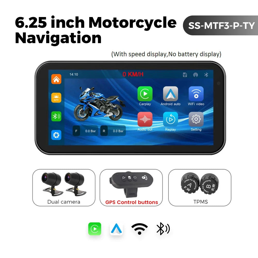 NaviFly 6.25" Motorcycle Wireless CarPlay Moto Android Auto Portable Digital Dashboard Navigation Display Optional DVR TPMS