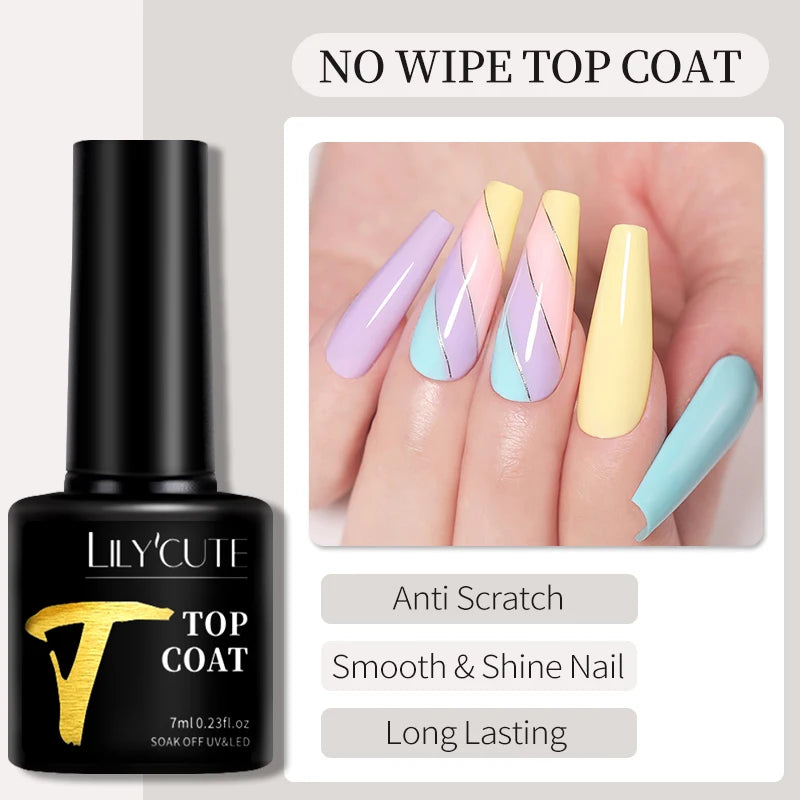 LILYCUTE 7ml Base Nowipe Top Coat Soak Off UV LED Gel Nail Polish Reinforcement Gel Semi Permanent Multifunction Gel Varnishes